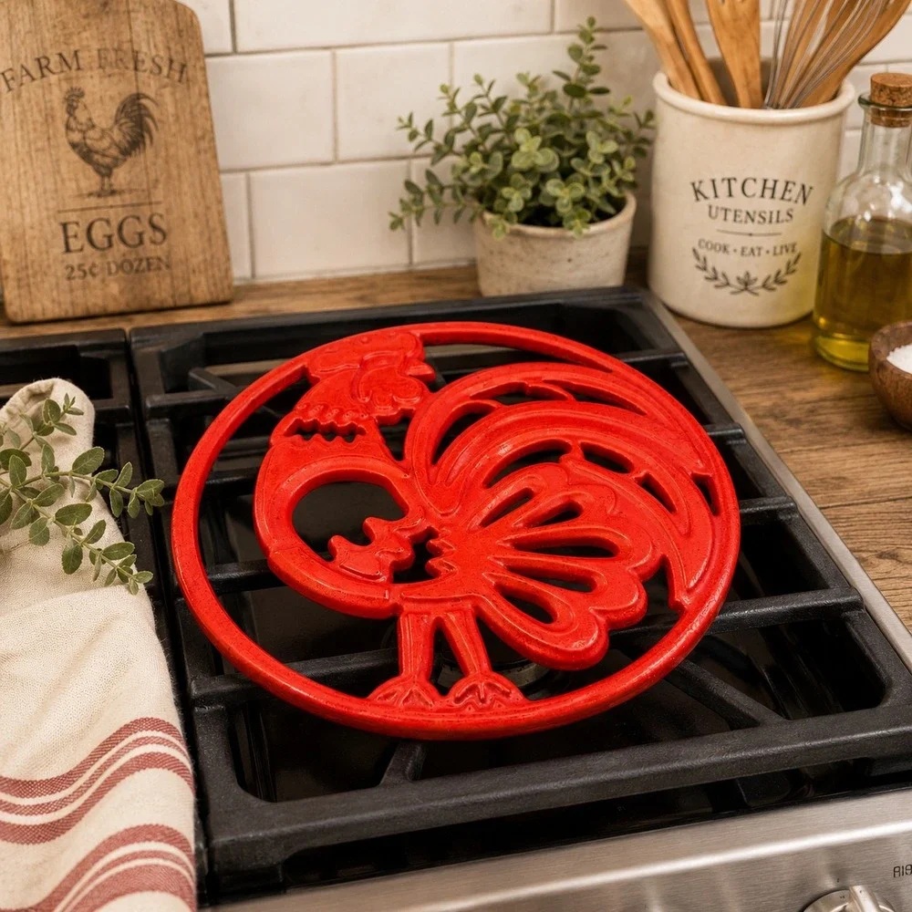 Vintage Red Cast Iron Rooster Trivet Farmhouse Kitchen Decor Round Hot Pad